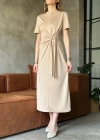 Osy odal Yumuşak Dokulu Kumaş Yandan Bağlamalı Elbise  Bej