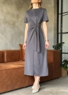 Osy odal Yumuşak Dokulu Kumaş Yandan Bağlamalı Elbise  Gri