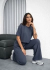 Osy odal Yumuşak Dokulu Şalaş Oversize İkili Takım Bol Paça Pantolonlu Rahat Günlük Takım  Füme
