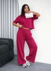 Osy odal Yumuşak Dokulu Şalaş Oversize İkili Takım Bol Paça Pantolonlu Rahat Günlük Takım  Fuşya