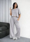Osy odal Yumuşak Dokulu Şalaş Oversize İkili Takım Bol Paça Pantolonlu Rahat Günlük Takım  Gri