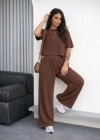 Osy odal Yumuşak Dokulu Şalaş Oversize İkili Takım Bol Paça Pantolonlu Rahat Günlük Takım  Kahverengi