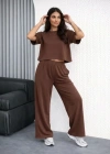 Osy odal Yumuşak Dokulu Şalaş Oversize İkili Takım Bol Paça Pantolonlu Rahat Günlük Takım  Kahverengi