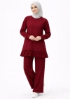 Osy odal Yumuşak Dokulu Tesettür Pliseli Takım Uzun Tunik Pantolon İkili Kombin  Bordo