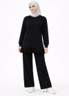 Osy odal Yumuşak Dokulu Tesettür Pliseli Takım Uzun Tunik Pantolon İkili Kombin  iyah