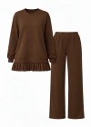 Osy odal Yumuşak Dokulu Tesettür Pliseli Takım Uzun Tunik Pantolon İkili Kombin  Kahverengi