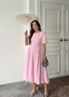 Pembe Arkadan Bağlamalı Büzgülü Keten Elbise