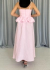Pembe Beli Büzgülü İnci Askılı Uzun Elbise
