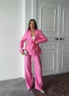 Pembe Beli Kuşaklı Ceket Ve Pantolon Parlak Takım