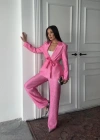Pembe Beli Kuşaklı Ceket Ve Pantolon Parlak Takım