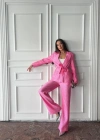 Pembe Beli Kuşaklı Ceket Ve Pantolon Parlak Takım