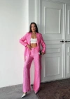 Pembe Beli Kuşaklı Ceket Ve Pantolon Parlak Takım