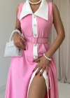 Pembe Geniş Yakalı Halter Kollu Elbise