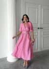 Pembe Işıltılı Kemerli Kruvaze Elbise