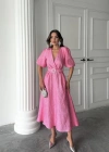 Pembe Işıltılı Kemerli Kruvaze Elbise