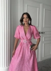 Pembe Işıltılı Kemerli Kruvaze Elbise