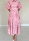 Pembe Kemerli Balon Kollu Elbise