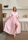 Pembe Müslin Uzun Elbise