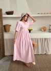 Pembe Müslin Uzun Elbise