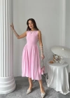 Pembe Yanları Büzgülü Midi Boy Keten Elbise