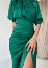 Petrol Büzgülü Saten Elbise