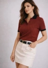 Polo Yaka Çizgili Tişört Kısa Kol Düğmeli Yazlık Thirt  Bordo