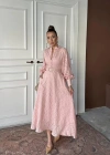 Pudra Kemer Detaylı Uzun Elbise