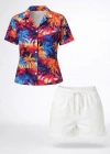Renkli Tropikal Palmiye Desenli Kısa Kol Gömlek Şort Takım Yazlık Rahat Kalıp  Desenli