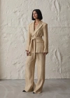 Sarı Beli Kuşaklı Ceket Ve Pantolon Parlak Takım