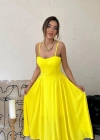 Sarı Göğüs Kuplu Uzun Büzgülü Elbise