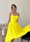 Sarı Göğüs Kuplu Uzun Büzgülü Elbise