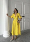 Sarı Işıltılı Kemerli Kruvaze Elbise