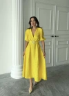 Sarı Işıltılı Kemerli Kruvaze Elbise