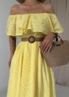 Sarı Omzu Lastikli Brode Elbise