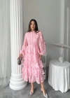 Şeker Pembesi Uzun Volanlı Elbise