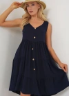 Sıfır Kol Düğmeli Kısa Elbise 2571  Lacivert