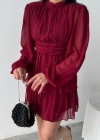 ŞİFON KATLI UZUN KOL ELBİSE  Bordo