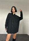 Siyah Çift Cep Kapaklı Çıtçıtlı Gömlek
