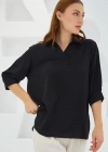 Siyah Gömlek Yaka Saten Bluz 0493