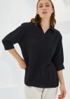 Siyah Gömlek Yaka Saten Bluz 0493