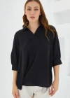 Siyah Gömlek Yaka Saten Bluz 0493