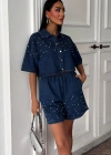Taş Detaylı Gömlek Şort Denim Takım 10175