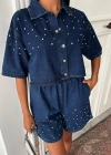 Taş Detaylı Gömlek Şort Denim Takım 10175