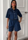 Taş Detaylı Gömlek Şort Denim Takım 10175
