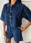 Taş Detaylı Gömlek Şort Denim Takım 10175