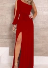 Tek Omuz Açık Derin Yırtmaçlı Krep Tam Boy Elbise