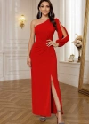 Tek Omuz Açık Derin Yırtmaçlı Krep Tam Boy Elbise