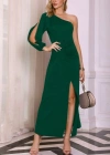 Tek Omuz Açık Derin Yırtmaçlı Krep Tam Boy Elbise