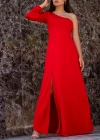 Tek Omuz Açık Derin Yırtmaçlı Krep Tam Boy Elbise