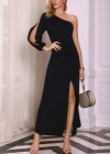 Tek Omuz Açık Derin Yırtmaçlı Krep Tam Boy Elbise